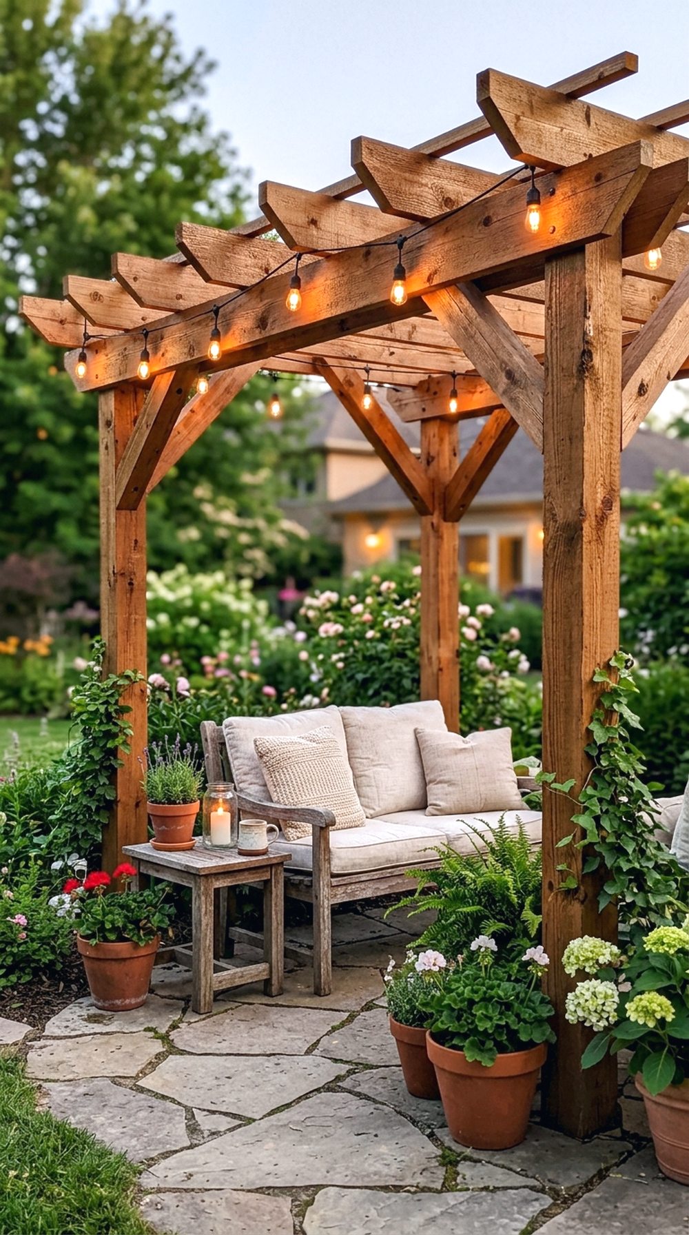 Wooden Garden Pergola With String Lights