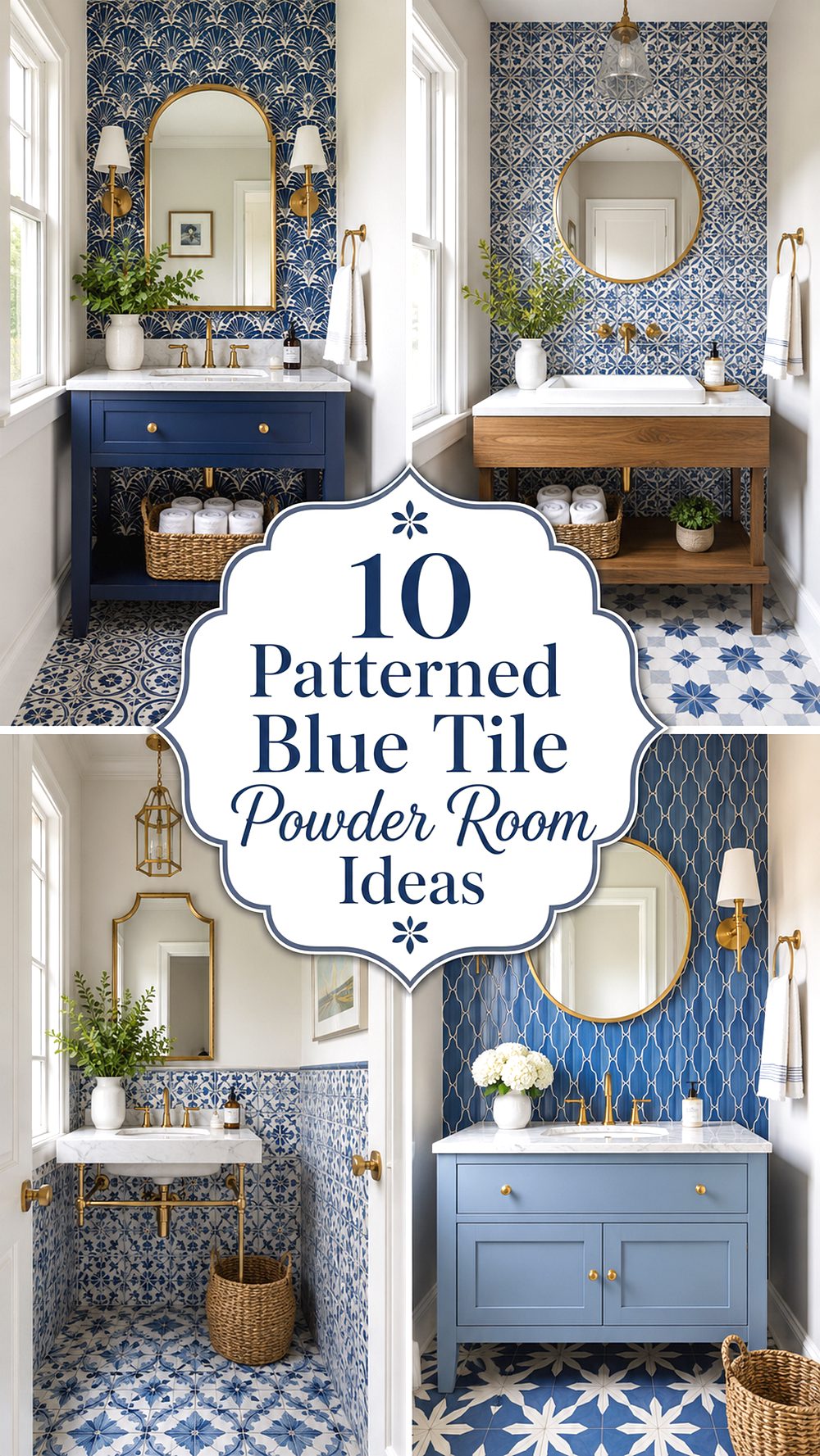 Patterned Blue Tile Powder Room Ideas