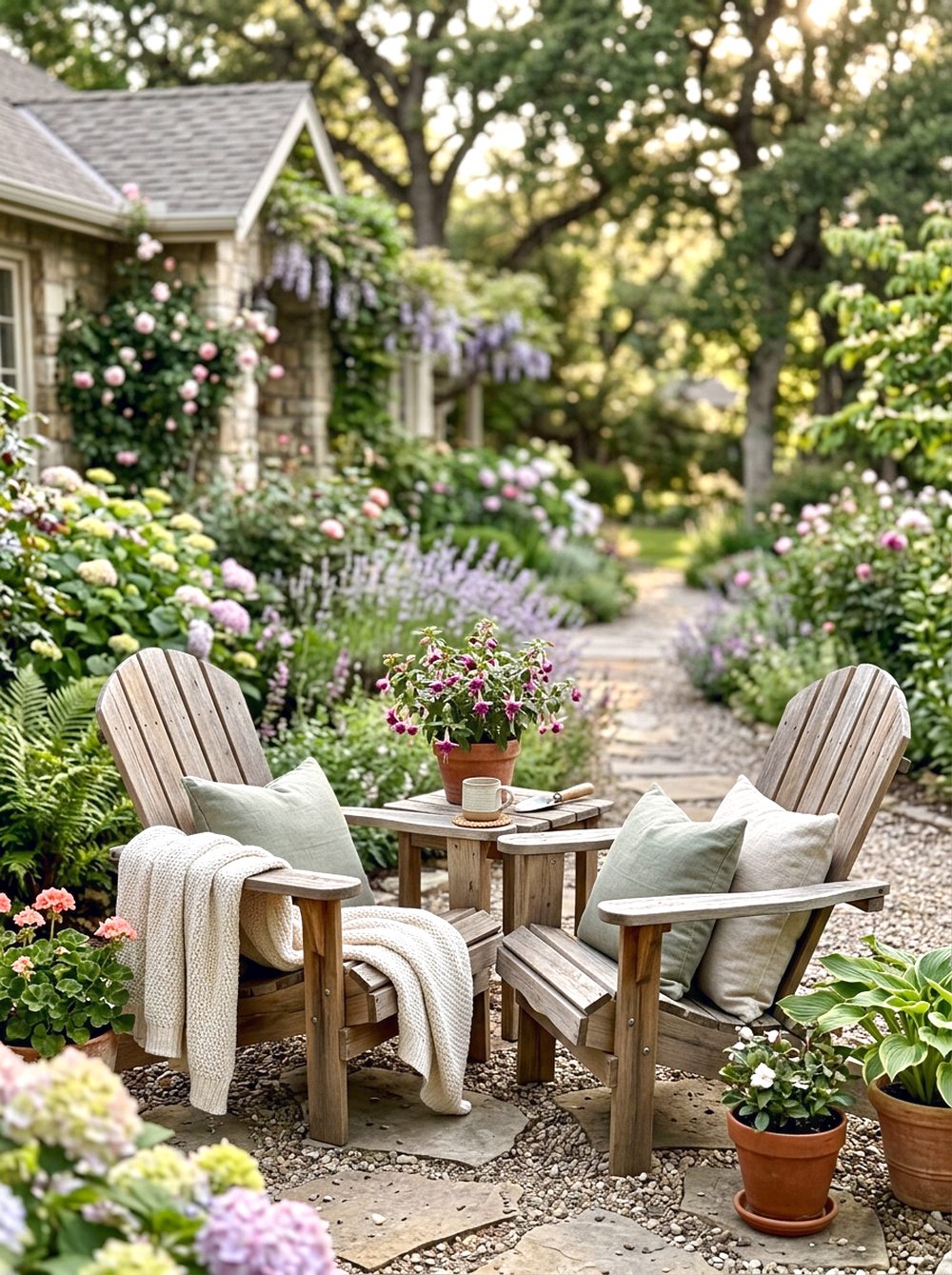 Adirondack Chairs by a Garden Path