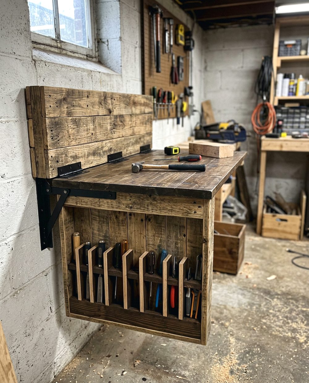 Basement Tool Bench with Storage Slots