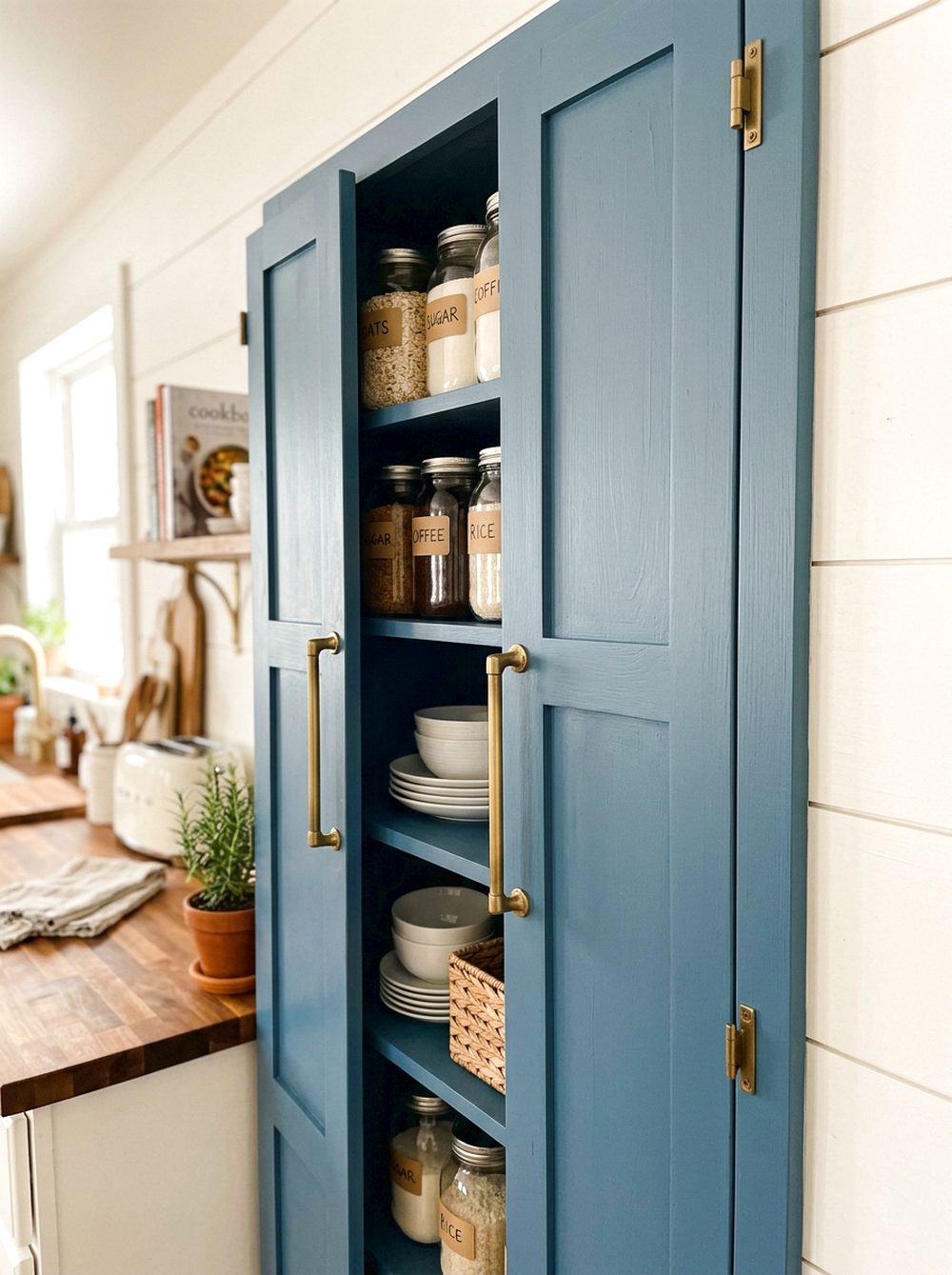 Blue Pantry Cabinet With Brass Handles