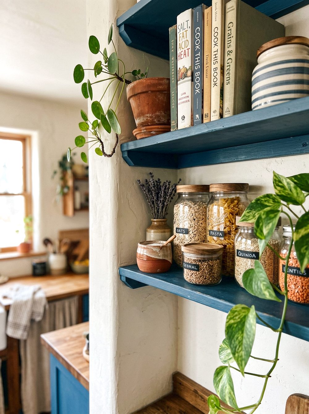 Blue Pantry Shelf Styling With Plants