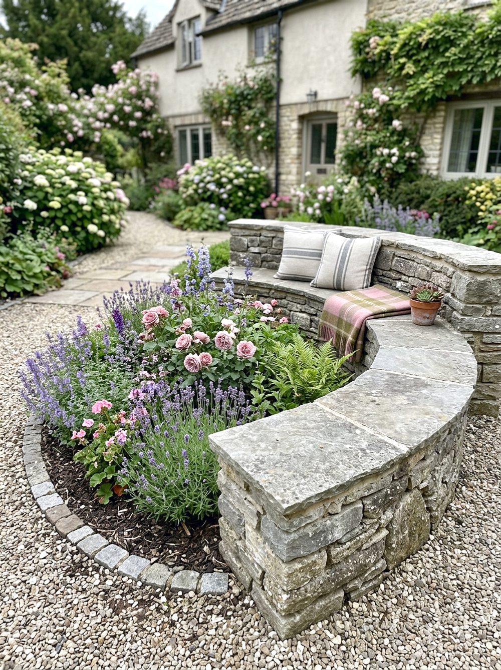 Curved Stone Seat Around a Flower Bed