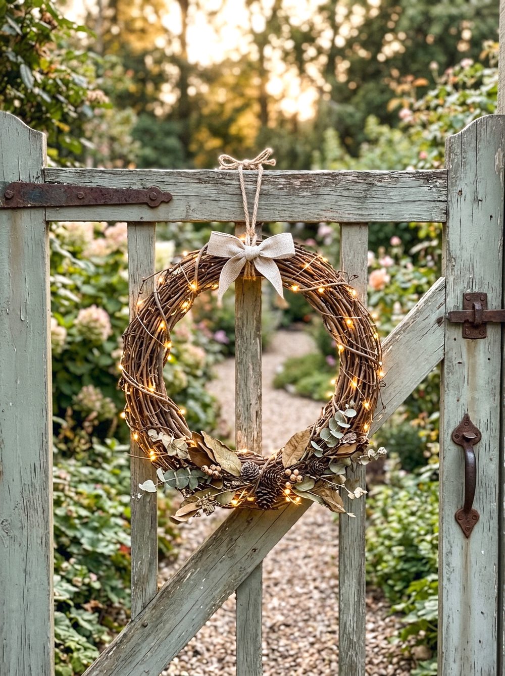 Lighted Wreath for Garden Gate