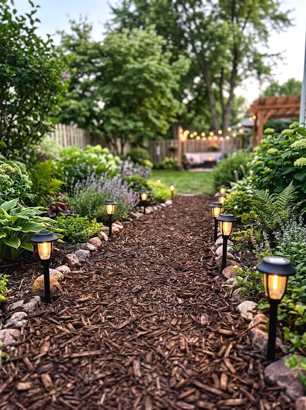 Mulch Path with Solar Lights