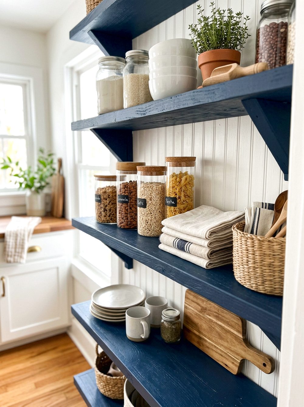 Navy Blue Open Pantry Shelves
