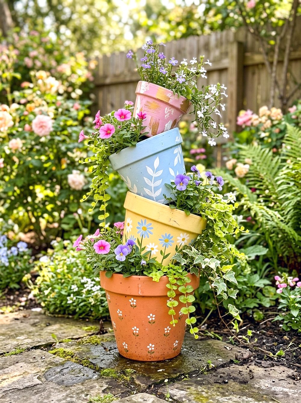 Painted Terracotta Pot Tower