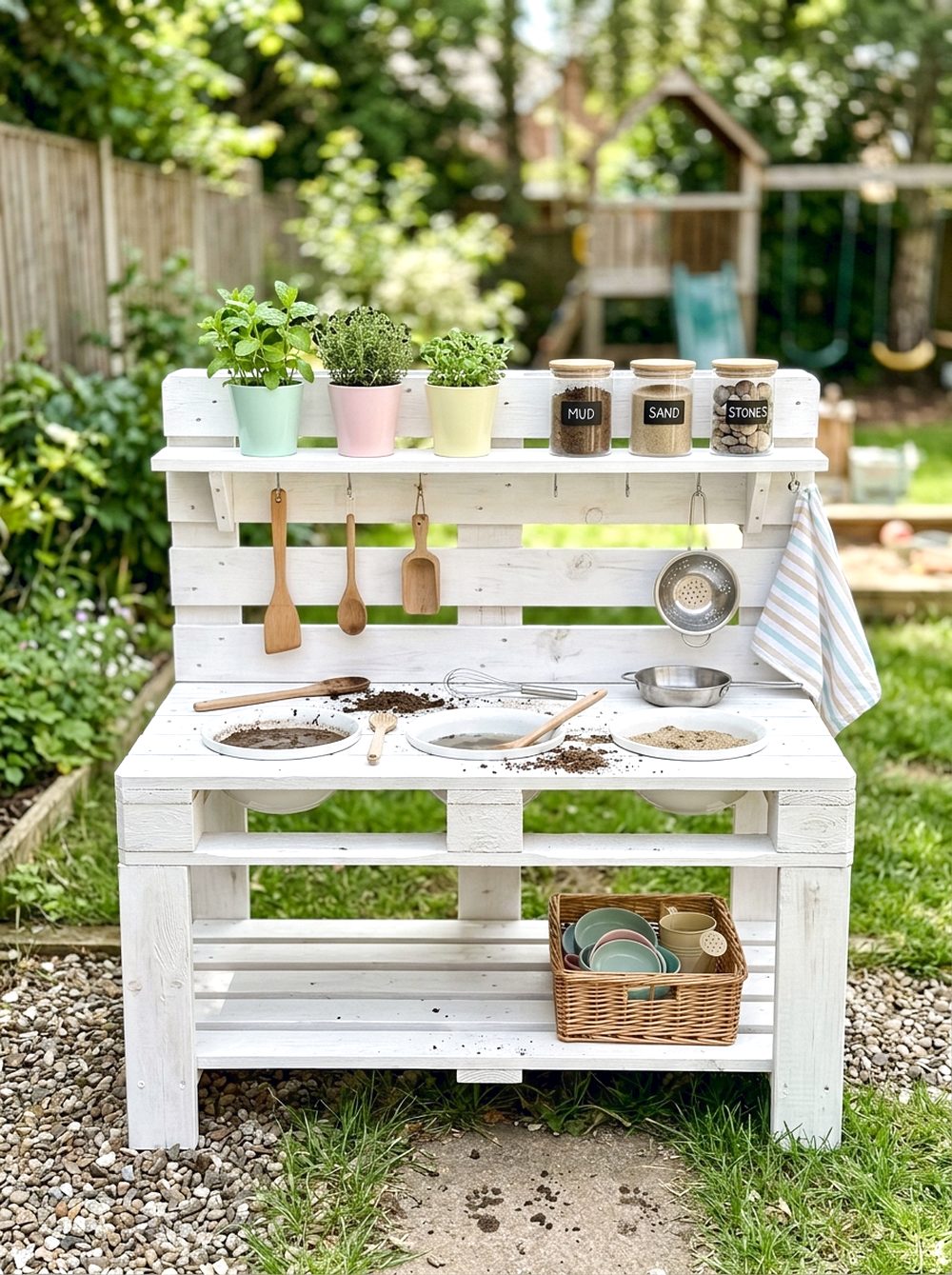 Painted White Pallet Mud Kitchen