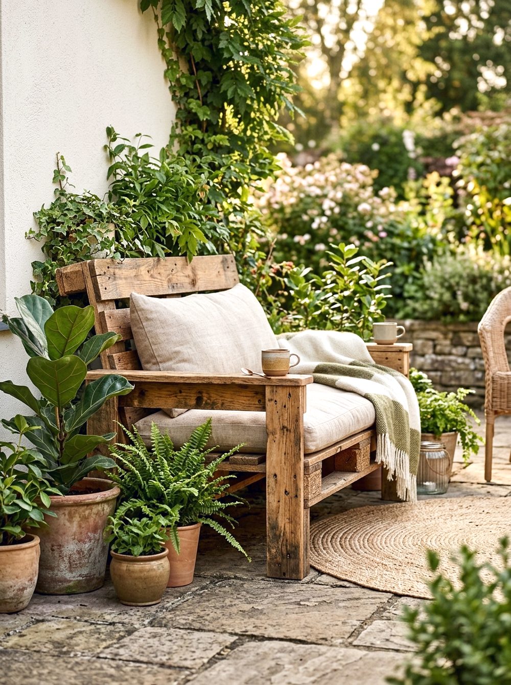 Pallet Bench with Potted Greens