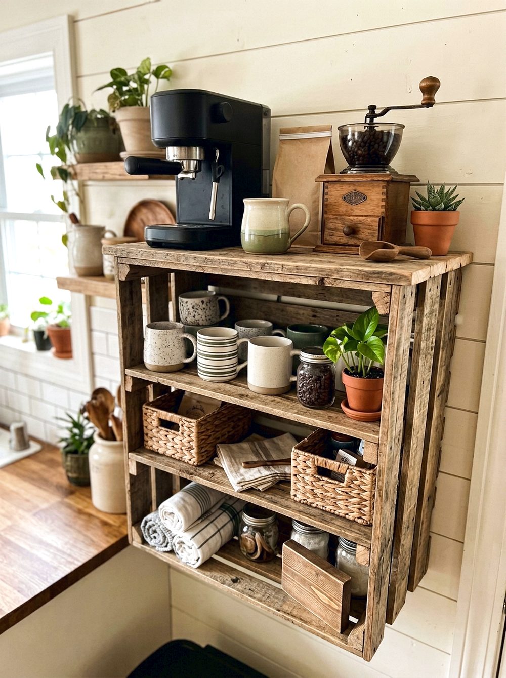 Pallet Coffee Cabinet with Open Crate Shelves