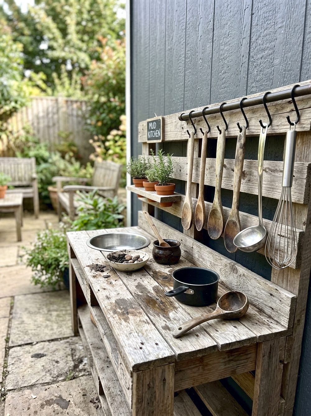 Pallet Mud Kitchen With Hanging Utensils