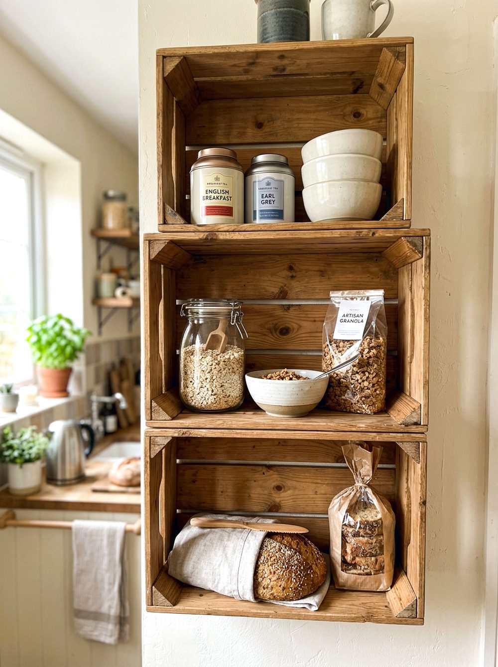Pantry Shelf with Labeled Crates