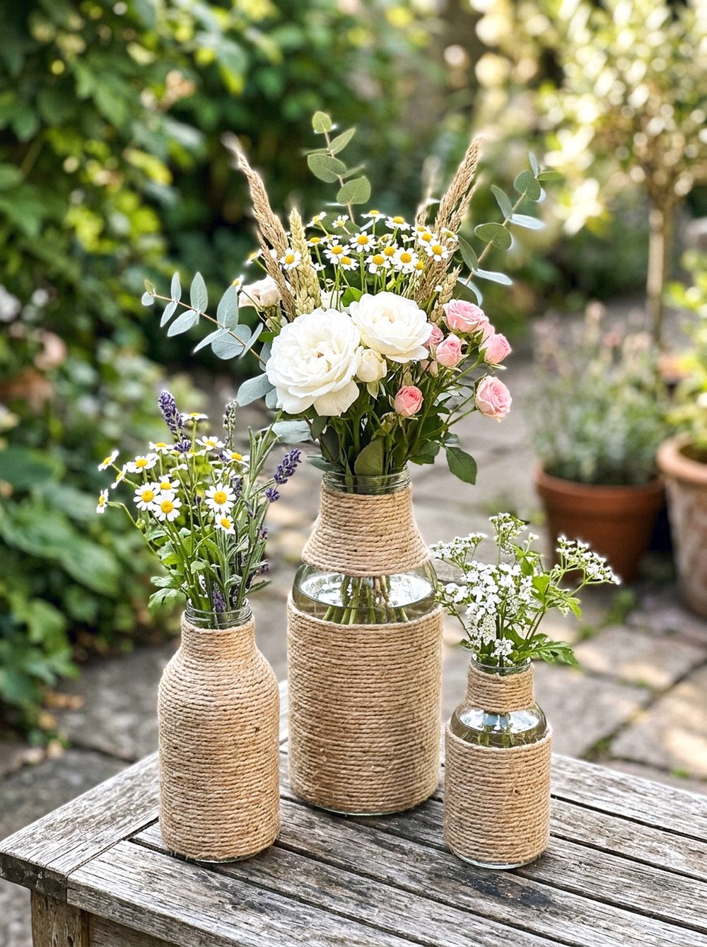Rope-Wrapped Glass Bottle Vases
