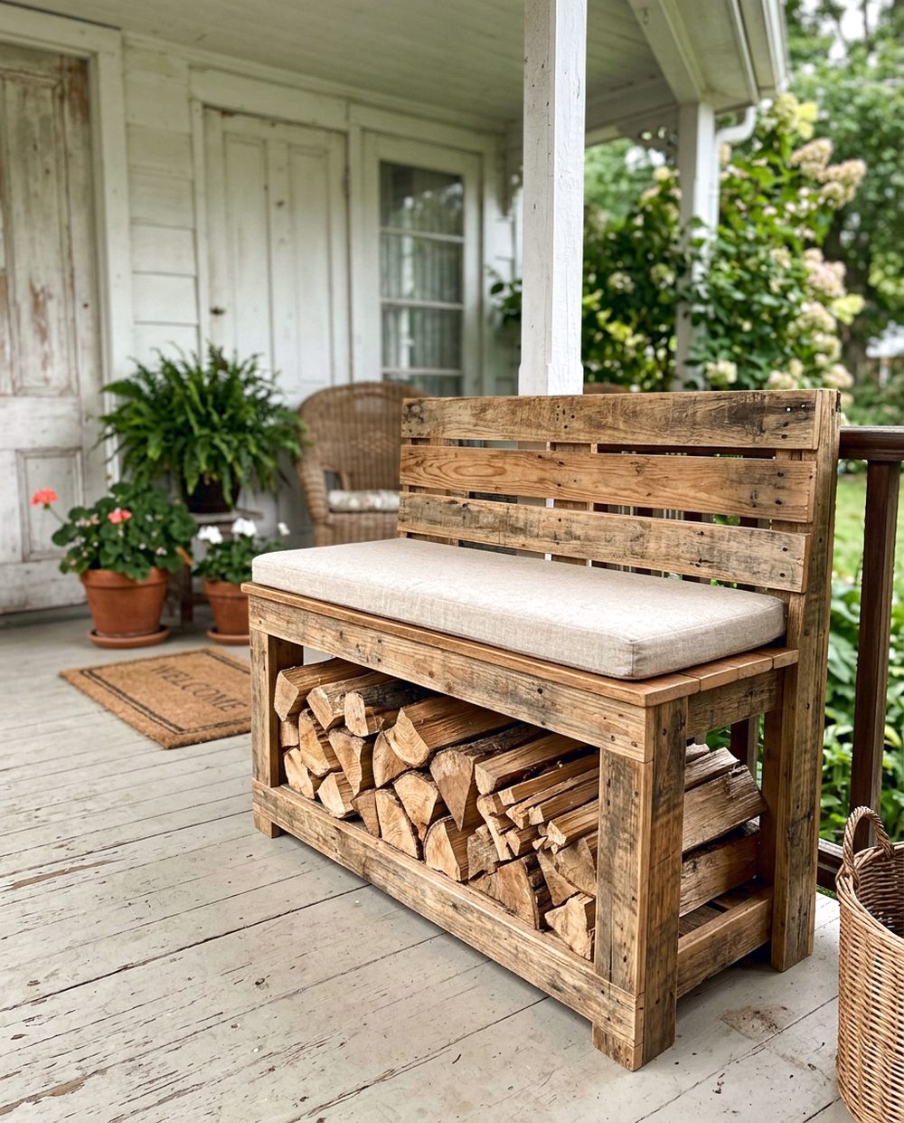 Rustic Porch Firewood Bench