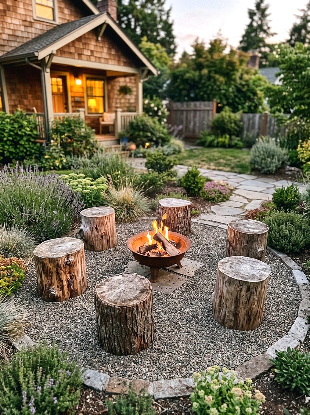 Tree Stump Stools Around a Fire Bowl