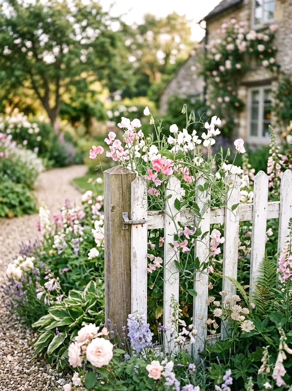 White Picket Fence with Climbing Flowers