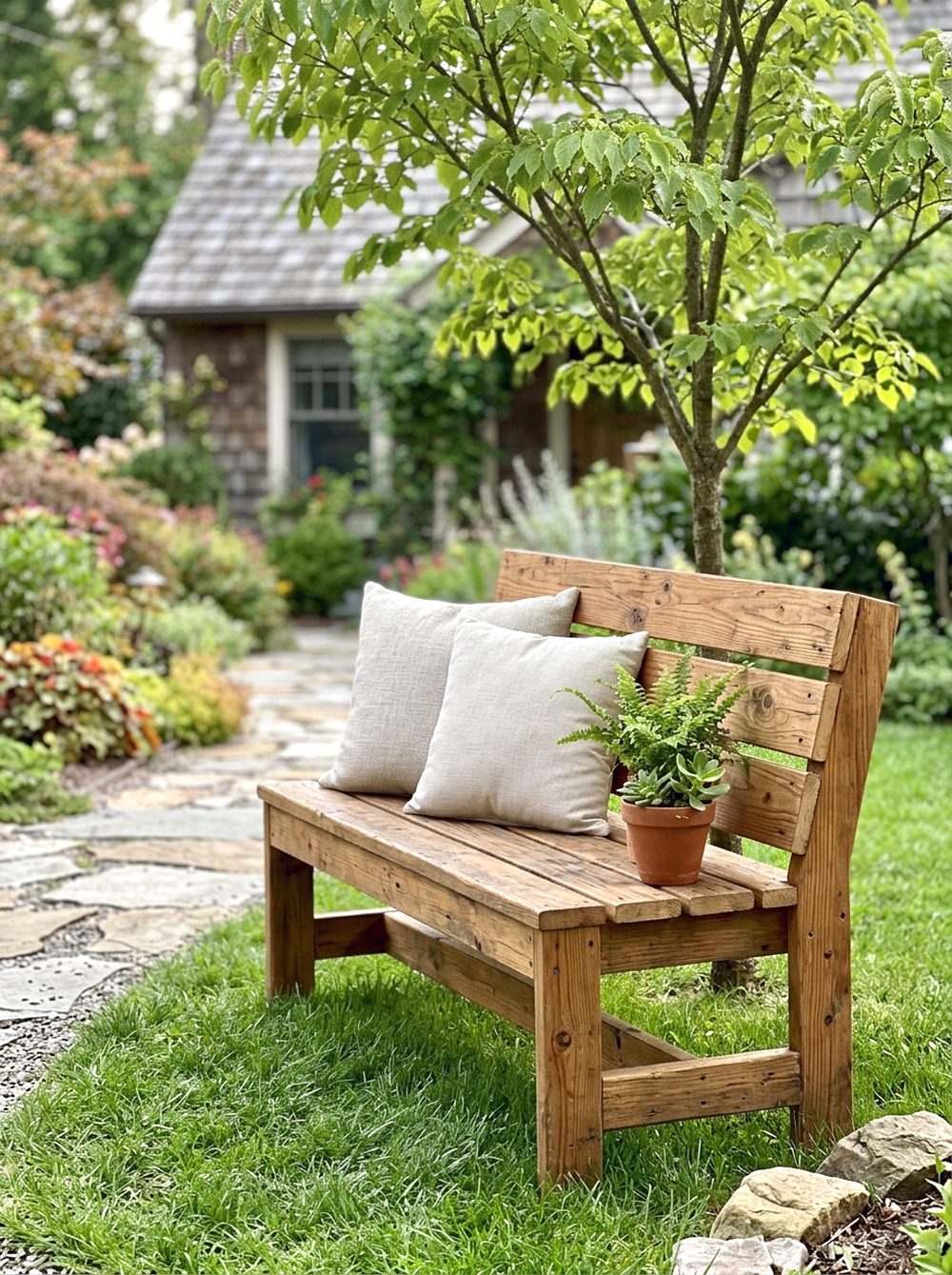 Wooden Bench Under a Small Tree