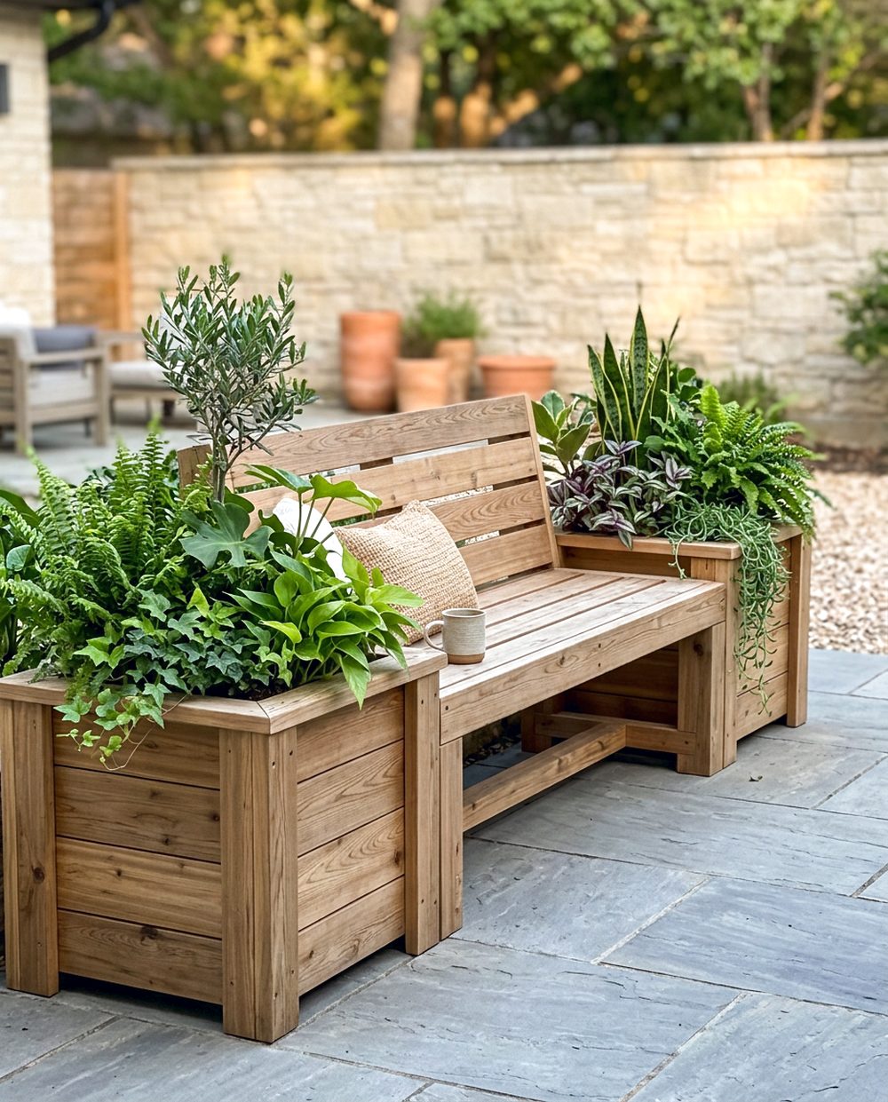 Wooden Bench With Built-In Planters
