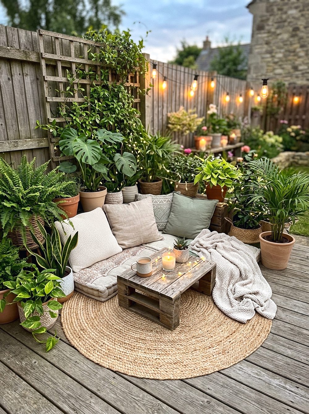 Woven Rug and Plant Lounge Corner